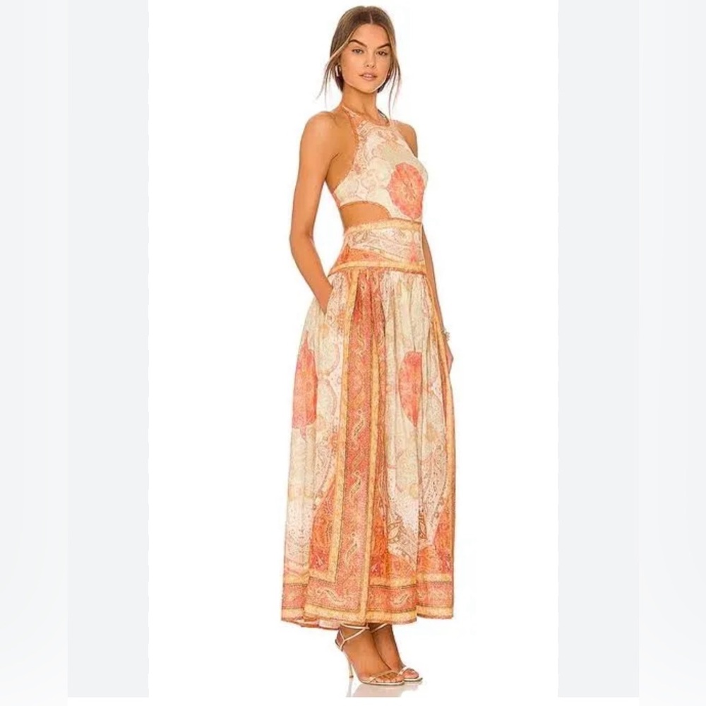 Zimmermann Metallic Cutout Paisley-print Linen Halterneck Maxi Dress AU 0P